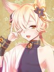  :d animal_ears blonde_hair brown_eyes granblue_fantasy hair_ornament hand_up kou_(granblue_fantasy) lock looking_at_viewer male_focus open_mouth ponytail potato_(oriha94) smile solo upper_body 