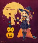  blonde_hair dark_skin dress flaxvivi full_body gravity_daze gravity_daze_2 hat kitten_(gravity_daze) long_hair looking_at_viewer pumpkin red_eyes smile solo wand witch witch_hat younger 