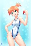  :d alternate_color aozame_takao ass_visible_through_thighs bare_arms bare_shoulders blue_background blush competition_swimsuit contrapposto covered_navel cowboy_shot gradient gradient_background groin hand_on_hip highres holding holding_poke_ball kasumi_(pokemon) looking_at_viewer one-piece_swimsuit open_mouth orange_hair poke_ball poke_ball_(generic) pokemon pokemon_(game) pokemon_hgss pokemon_rgby print_swimsuit short_hair side_ponytail signature smile solo standing swimsuit thighs white_swimsuit 