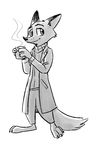  2017 anthro barefoot canine clothed clothing cup disney fox fuel_(artist) greyscale holding_cup holding_object looking_at_viewer male mammal monochrome nick_wilde open_jacket simple_background smile solo standing steam white_background zootopia 