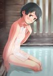 bad_id bad_pixiv_id bathhouse bathing black_eyes black_hair blush breasts covering from_side holding holding_towel indoors kantai_collection leaning_forward legs_together looking_at_viewer makio_(makiomeigenbot) mogami_(kantai_collection) nude_cover onsen revision short_hair sitting small_breasts soaking_feet solo towel water wooden_bathtub wooden_wall 