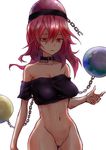  bare_shoulders bottomless breasts chain collarbone cowboy_shot crop_top hair_between_eyes hecatia_lapislazuli highres joker_(stjoker) large_breasts long_hair navel no_pussy polos_crown red_eyes red_hair simple_background solo touhou white_background 