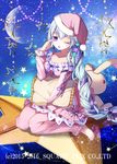  bad_id bad_pixiv_id bangs barefoot blue_hair braid eyebrows_visible_through_hair hair_ribbon kaku-san-sei_million_arthur long_hair long_sleeves looking_at_viewer million_arthur_(series) no_shoes official_art one_eye_closed pajamas parted_lips pillow pink_pajamas purple_eyes ribbon ribbon_braid single_braid sitting sky sleepy solo star star_(sky) starry_moon starry_sky stuffed_animal stuffed_bunny stuffed_toy tears tress_ribbon very_long_hair watermark yuuki_kira 