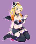  ;d ayase_eli bat_wings black_legwear blonde_hair blue_eyes blush breasts cleavage commentary garter_straps halloween_costume hat kurokawa_makoto large_breasts long_hair looking_at_viewer love_live! love_live!_school_idol_project midriff navel one_eye_closed open_mouth ponytail purple_background simple_background sitting smile solo thighhighs wariza wings witch_hat 