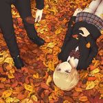  1girl autumn_leaves black_footwear black_jacket black_pants blonde_hair bow bowtie checkered checkered_skirt closed_mouth commentary forest grey_legwear head_out_of_frame holding holding_leaf jacket leaf loafers long_sleeves looking_at_another looking_up lying maple_leaf nature neck_ribbon on_back on_ground original pants plaid plaid_skirt pleated_skirt red_eyes red_neckwear red_ribbon ribbon school_uniform shirt shoes short_hair skirt smile thighhighs translation_request upside-down white_shirt yajirushi_(chanoma) zettai_ryouiki 