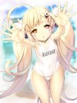  ahoge armpits azur_lane bare_legs beach blonde_hair blurry blurry_background breasts collarbone day eldridge_(azur_lane) hair_ornament hairclip incoming_hug long_hair looking_at_viewer ocean one-piece_swimsuit outstretched_arms red_eyes revision school_swimsuit sky small_breasts solo swimsuit twintails white_school_swimsuit white_swimsuit yagitori 