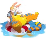  2015 animate_inanimate anthro bottomless clothed clothing digital_drawing_(artwork) digital_media_(artwork) feline flir fur hi_res inflatable inner_tube lagomorph living_inflatable long_ears long_tail male mammal multicolored_fur open_mouth pink_nose pool_toy rabbit redic-nomad rubber shiny simple_background solo striped_tail stripes surprise sweat swim_ring tan_fur teeth tiger transformation two_tone_fur water white_fur 