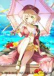  bad_id bad_pixiv_id bare_shoulders blonde_hair blue_sky blush bra breasts closed_mouth day dress eyebrows_visible_through_hair flower frilled_bra frills green_eyes hat head_tilt holding holding_umbrella kaku-san-sei_million_arthur leg_up looking_at_viewer medium_breasts million_arthur_(series) no_socks ocean off_shoulder official_art open_clothes open_dress outdoors red_dress red_flower sandals sarong short_hair sitting sky smile solo umbrella underwear watermark white_bra yellow_flower yuuki_kira 