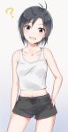  1girl :d ? antenna_hair black_hair black_ribbon black_shorts collarbone contrapposto cowboy_shot gradient gradient_background grey_background grey_eyes hair_between_eyes hand_on_hip head_tilt highres idolmaster idolmaster_(classic) kikuchi_makoto looking_at_viewer midriff mogskg navel open_mouth ribbon shiny shiny_hair shirt short_hair short_shorts shorts sleeveless sleeveless_shirt smile solo standing stomach white_shirt 