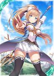  akkijin blue_eyes blue_sky breasts brown_hair card_(medium) cloud day field frilled_skirt frills hair_ribbon lance looking_at_viewer medium_breasts official_art polearm ponytail ribbon shinkai_no_valkyrie skirt sky smile solo sword thighhighs trident v weapon white_ribbon 