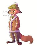  2017 anthro breath canine clothed clothing disney fox fuel_(artist) green_eyes hands_in_pockets jacket male mammal nick_wilde simple_background solo standing white_background zootopia 