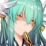 aqua_hair blush commentary_request face fan fate/grand_order fate_(series) folding_fan green_hair hair_between_eyes japanese_clothes kengzeta kimono kiyohime_(fate/grand_order) long_hair looking_at_viewer multiple_horns shaded_face smile solo white_background yellow_eyes 