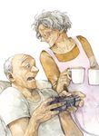  1girl action apron closed_eyes commentary controller cup drink game_controller glasses graphite_(medium) grey_hair happy ina_(gonsora) looking_to_the_side mug old_man old_woman open_mouth original playing_games playstation_controller short_hair sitting smile steam traditional_media watercolor_(medium) white_background wrinkles 
