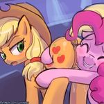  2017 abstract_background anus applejack_(mlp) blonde_hair blush butt clitoris cowboy_hat cutie_mark dock duo earth_pony equine eyes_closed female female/female feral freckles friendship_is_magic green_eyes hair hat horse hug looking_back lumineko mammal my_little_pony open_mouth pink_hair pinkie_pie_(mlp) pony pussy pussy_juice smile 