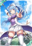  akkijin blue_hair blue_sky card_(medium) cloud day field frilled_skirt frills hair_ribbon lance looking_at_viewer official_art polearm ponytail ribbon shinkai_no_valkyrie skirt sky smile solo sword thighhighs trident v weapon white_ribbon yellow_eyes 