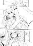  1girl admiral_(kantai_collection) bed blush breasts closed_eyes comic drunk greyscale hair_between_eyes hair_ornament heart highres kantai_collection large_breasts long_hair long_sleeves lying military military_uniform monochrome naval_uniform neckerchief on_bed rui_shi_(rayze_ray) saratoga_(kantai_collection) short_sleeves side_ponytail silent_comic sitting spoken_heart uniform 