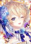  ;d artist_name blue_eyes blue_flower blue_ribbon bow dated flower frills hair_flower hair_ornament looking_at_viewer one_eye_closed open_mouth portrait ribbon shiyumi short_hair smile solo striped striped_bow 