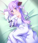  azur_lane bed_sheet commentary_request detached_sleeves doll_hug dress hair_bun hair_ribbon highres kuro75268 long_hair looking_at_viewer lying off-shoulder_dress off_shoulder one_side_up purple_eyes purple_hair ribbon solo stuffed_alicorn stuffed_animal stuffed_toy unicorn_(azur_lane) white_dress 