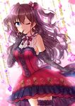  ;p black_gloves blue_eyes bow brown_hair cowboy_shot dress earrings elbow_gloves finger_to_mouth floating_hair garter_straps gloves hair_bow highres ichinose_shiki idolmaster idolmaster_cinderella_girls idolmaster_cinderella_girls_starlight_stage index_finger_raised jewelry long_hair neck_ribbon one_eye_closed red_dress ribbon sayuringo sleeveless sleeveless_dress sleeveless_turtleneck smile solo standing striped striped_bow striped_ribbon tongue tongue_out turtleneck twintails very_long_hair 