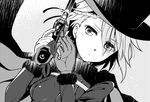  ange_(princess_principal) braid cape commentary_request expressionless eyes_visible_through_hair gloves greyscale gun hair_over_one_eye hat holding holding_gun holding_weapon monochrome niina_ryou princess_principal solo tears top_hat weapon 