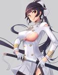  azur_lane bangs black_hair black_legwear blunt_bangs blush bow breasts brown_eyes covered_nipples double-breasted eyebrows_visible_through_hair gloves grey_background hair_bow hair_flaps half_gloves highres holding holding_sword holding_weapon katana large_breasts long_hair long_sleeves looking_at_viewer mappaninatta military military_uniform pantyhose parted_lips pleated_skirt sidelocks simple_background sketch skirt solo sword takao_(azur_lane) thighband_pantyhose torn_clothes torn_legwear uniform very_long_hair weapon white_bow white_skirt 