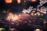  absurdres bad_id bad_pixiv_id black_hair cherry_blossoms closed_eyes closed_mouth facing_viewer highres long_hair original partially_submerged rokku sky_lantern solo water 