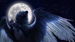  2015 alaiaorax ambiguous_gender blue_feathers canine detailed_background digital_media_(artwork) feathers feral hybrid mammal moon night outside paws sky solo star starry_sky teeth white_feathers 