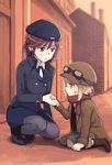 7_(princess_principal) age_difference ange_(princess_principal) beret boots bruise cabbie_hat coat commentary_request from_side goggles goggles_on_head hat holding_hands injury multiple_girls navy_blue_hat niina_ryou open_mouth pantyhose parted_lips princess_principal profile scarf sitting squatting tears wavy_mouth younger 
