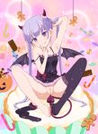  barefoot bottomless candy candy_cane checkerboard_cookie chocolate_bar cookie demon_girl demon_horns demon_tail demon_wings denkaisui fang food highres horns jack-o'-lantern lingerie lollipop long_hair new_game! purple_eyes purple_hair pussy single_sock single_thighhigh socks solo suzukaze_aoba tail thighhighs thighhighs_removed toes twintails underwear wings wrapped_candy 