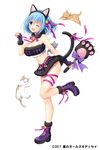  2017 ;d adhara_(hoshi_no_girls_odyssey) animal_ears ankle_boots argyle bare_legs bell belt blue_hair boots bow braid breasts cat cat_ears cat_hair_ornament cat_tail cleavage copyright_name fake_animal_ears fingerless_gloves gloves green_eyes hagino_kouta hair_bow hair_ornament highres holding holding_wand hoshi_no_girls_odyssey jingle_bell large_breasts leg_ribbon looking_at_viewer midriff miniskirt navel official_art one_eye_closed open_mouth paw_pose purple_bow purple_footwear purple_gloves ribbon short_hair simple_background skirt smile solo standing standing_on_one_leg tail wand white_background 