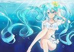  barefoot bikini blue_eyes blue_hair breasts bubble clam cleavage cleavage_cutout collarbone floating_hair flower hair_between_eyes hair_flower hair_ornament hatsune_miku holding long_hair looking_at_viewer navel small_breasts smile solo swimsuit underwater very_long_hair vocaloid white_bikini wogura yellow_flower 