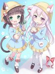  :d animal_ears azur_lane bangs bell black_footwear blue_background blue_shirt blunt_bangs blush bow bowtie brown_hair candy cat_ears cat_girl cat_tail child collarbone ears_through_headwear eyebrows_visible_through_hair fingernails food full_body giving green_eyes hands_on_own_chest hands_together hat highres holding holding_lollipop jingle_bell kimagure_blue kindergarten_uniform kisaragi_(azur_lane) kneehighs lollipop long_hair long_sleeves looking_at_viewer loose_socks mary_janes multiple_girls mutsuki_(azur_lane) neckerchief one_side_up open_mouth outstretched_arm parted_lips pink_eyes pink_hair reaching_out ribbon school_hat shirt shoes short_hair simple_background skirt smile socks standing standing_on_one_leg tail thighhighs twintails white_legwear yellow_hat yellow_neckwear yellow_skirt 