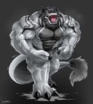  anthro beard big_claws big_muscles big_tail claws clothing dragon facial_hair flexing glare horn huge_muscles muscular open_mouth roaring scalie underwear vein waddledox 