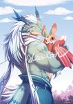  artist_name bad_id bad_pixiv_id black_eyes blue_eyes blue_skin blue_sky blurry blurry_background carrying cloud cowboy_shot day gen_7_pokemon grin highres horns long_hair looking_at_viewer lurantis meganemido monster_boy muscle outdoors parted_lips pointy_ears pokemon pokemon_(game) pokemon_sm princess_carry red_sclera scarf shirtless silver_hair sky smile standing tail teeth white_scarf 