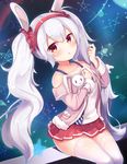  2drr :&lt; animal_ears azur_lane bangs bare_shoulders blush bunny_ears collarbone eyebrows_visible_through_hair eyes_visible_through_hair hair_between_eyes hair_ornament hair_scrunchie hairband hand_up highres holding holding_stuffed_animal jacket laffey_(azur_lane) light_particles long_hair long_sleeves looking_at_viewer microskirt off_shoulder pentagram pink_jacket pleated_skirt pocket red_eyes red_hairband red_scrunchie red_skirt scrunchie shiny shiny_hair silver_hair sitting skirt solo stuffed_animal stuffed_bunny stuffed_toy tank_top thighhighs triangle_mouth twintails very_long_hair white_legwear white_tank_top zettai_ryouiki 