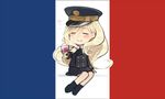  ^_^ alcohol alternate_costume annin_musou blonde_hair closed_eyes cup cupping_glass drinking_glass fairy_(kantai_collection) flag_background france french_flag hat kantai_collection long_hair long_sleeves military military_uniform mole mole_under_eye mole_under_mouth peaked_cap richelieu_(kantai_collection) smile solo uniform wine wine_glass 