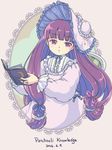  alternate_costume bonnet book commentary_request frilled_hat frills hat iris_anemone long_hair looking_at_viewer open_book open_mouth patchouli_knowledge purple_eyes purple_hair solo star star_print touhou 
