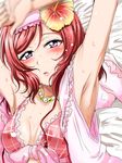  absurdres armpits arms_up blush breasts cleavage collarbone flower frilled_bikini_top from_above hair_flower hair_ornament hairband hibiscus highres jewelry long_hair looking_at_viewer love_live! love_live!_school_idol_project lying necklace nishikino_maki on_back open_mouth pink_bikini_top pink_hairband purple_eyes red_hair shogo_(4274732) small_breasts solo upper_body wet 