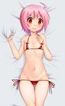  1girl bikini blush breasts groin micro_bikini navel nonohara_yuzuko on_back pink_hair red_bikini red_eyes small_breasts solo swimwear taka_(takahirokun) yuyushiki 