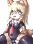 1girl artist_request blodne_hair blue_eyes crouching dog furry long_hair pussy solo stocking 