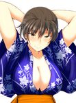  amagami arms_up blue_kimono breasts brown_eyes brown_hair cleavage collarbone eyebrows_visible_through_hair floral_print hair_between_eyes highres huge_breasts japanese_clothes kimono sasaki_akira_(ugc) short_hair simple_background smile solo tsukahara_hibiki upper_body white_background 