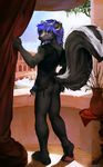  2016 ambiguous_gender anthro black_fur bottomless claws clothed clothing day detailed_background digital_media_(artwork) fur green_eyes hair hindpaw male mammal oselotti pawpads paws purple_hair skunk smile solo toe_claws white_fur 