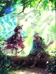  1girl animal_ears bird boots cigarette cloak clover crossed_legs crossover erune fate/extra fate_(series) forest granblue_fantasy jewelry kaneda_gbf looking_at_another nature necklace open_mouth orange_hair robin_hood_(fate) scathacha_(granblue_fantasy) sitting tree 