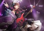  armpits artist_name bang_dream! bass_guitar bow brown_hair detached_sleeves dress earrings eyelashes feathers flower hair_feathers hair_flower hair_ornament highres hiroki_ree imai_lisa instrument jewelry lips long_hair nail_polish red_bow signature stage stage_lights yellow_eyes 