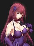  absurdres argyle_cutout black_background breasts brown_hair cleavage collarbone dress elbow_gloves fan fate/grand_order fate_(series) flower gloves hair_between_eyes hair_flower hair_ornament highres holding holding_fan jewelry kamkac large_breasts long_hair looking_at_viewer necklace purple_dress purple_flower purple_gloves red_eyes scathach_(fate)_(all) scathach_(fate/grand_order) sideboob simple_background sleeveless sleeveless_dress smile solo upper_body very_long_hair 