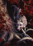  2016 alaiaorax canine detailed_background digital_media_(artwork) feral fur game_of_thrones mammal paws red_eyes solo tree white_fur wolf 