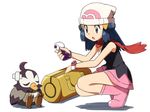  ahoge bag bare_arms bare_shoulders beanie black_dress blue_eyes blue_hair boots closed_eyes crossed_bandaids dark_blue_hair dress duffel_bag full_body gen_4_pokemon hat hikari_(pokemon) holding knee_boots long_hair natsunagi_takaki pink_footwear pokemon pokemon_(creature) pokemon_(game) pokemon_dppt poketch potion red_scarf rubber_boots scarf simple_background sleeveless sleeveless_dress squatting starly tareme watch white_background white_hat wristwatch 