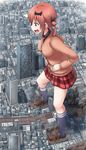  1girl :d bat_hair_ornament black_legwear building cardigan city crushing destruction fang gabriel_dropout giantess hair_ornament hair_rings hands_on_hips highres image_sample open_mouth plaid pleated_skirt purple_eyes red_hair school_uniform shoes size_difference skirt sky skyscraper smile socks solo terada_ochiko twitter_sample 