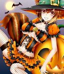  animal_ears bat belt belt_buckle blazblue blush breasts brown_hair buckle choker chukachuka cleavage fishnet_legwear fishnets frilled_skirt frills full_moon halloween halloween_costume hat highres jack-o'-lantern large_breasts makoto_nanaya microskirt moon multicolored_hair orange_eyes short_hair skirt smile solo squirrel_ears squirrel_girl squirrel_tail tail thighhighs two-tone_hair underbust witch_hat 