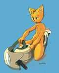  2017 4_fingers anthro biped cat digital_drawing_(artwork) digital_media_(artwork) feline fur male mammal motorcycle navel nude oselotti simple_background solo vehicle yellow_fur 